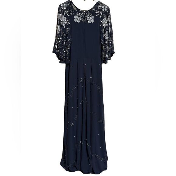 ASOS- Women’s Navy Blue Floor Length Embellished Dress Flutter Sleeve, Size 12 - Picture 9 of 16
